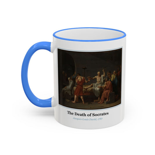 #71 The Death of Socrates mug — the framed painting with its title and artist beneath, as seen from across the table