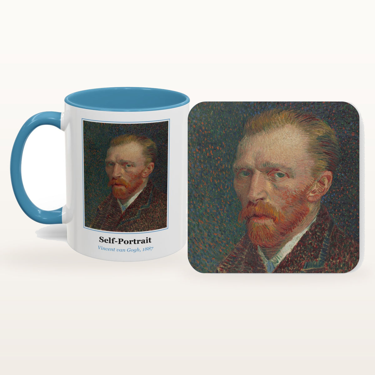The Self-Portrait mug and the matching coaster side by side, both printed with the painting