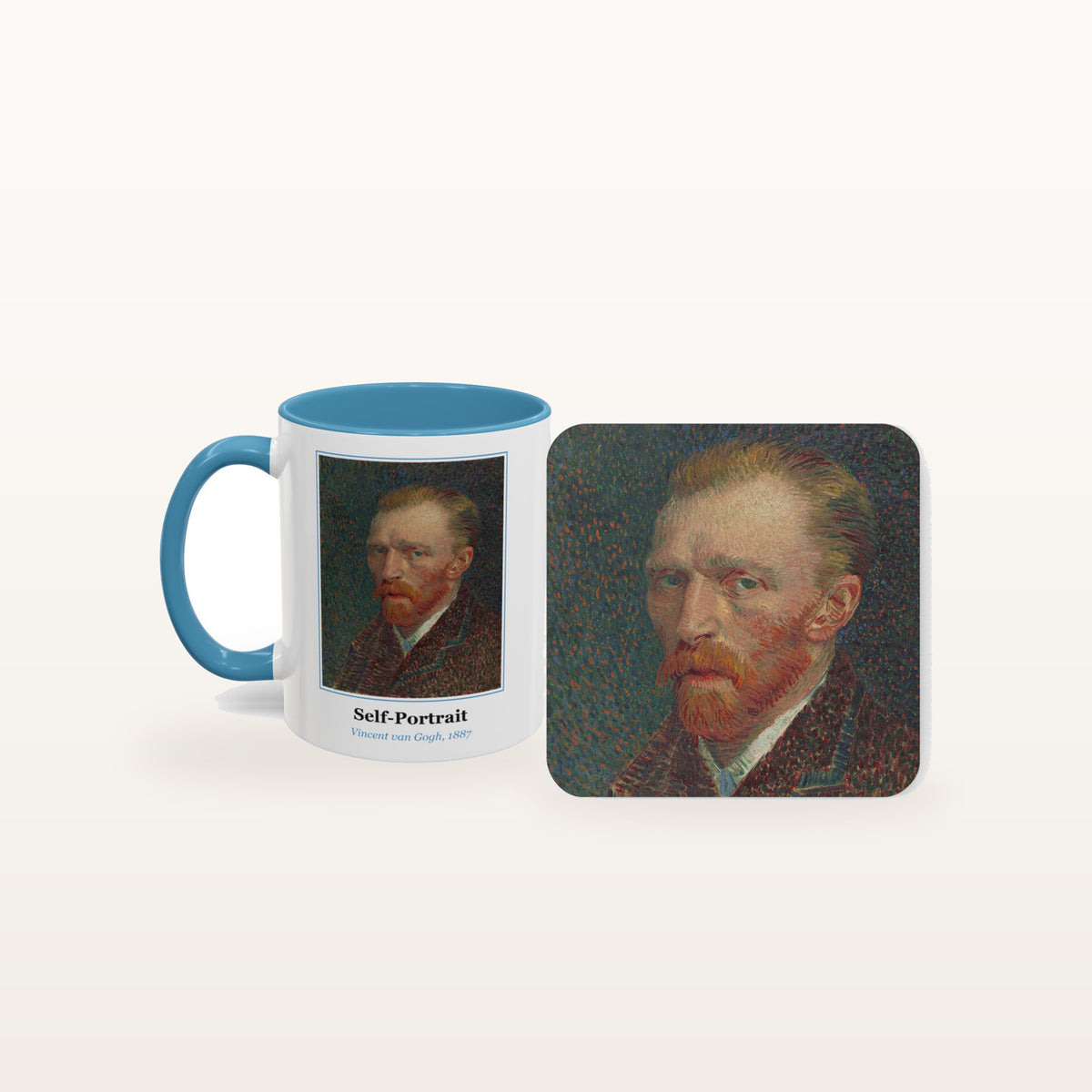 The Self-Portrait mug and the matching coaster side by side, both printed with the painting