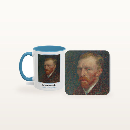 The Self-Portrait mug and the matching coaster side by side, both printed with the painting
