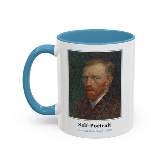 #72 Self-Portrait mug — the framed painting with its title and artist beneath, as seen from across the table