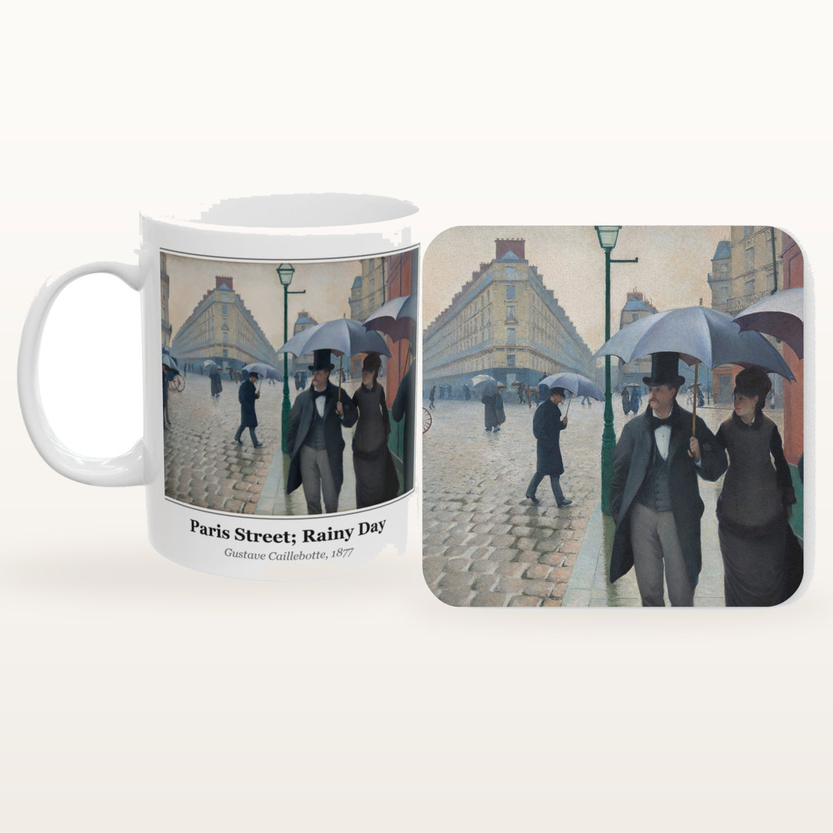 The Paris Street; Rainy Day mug and the matching coaster side by side, both printed with the painting