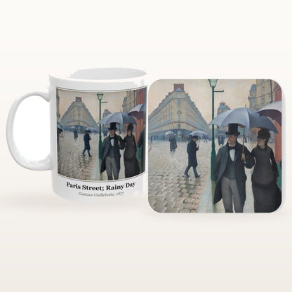 The Paris Street; Rainy Day mug and the matching coaster side by side, both printed with the painting