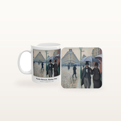 The Paris Street; Rainy Day mug and the matching coaster side by side, both printed with the painting