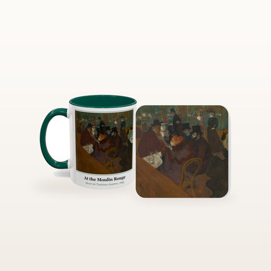 The At the Moulin Rouge mug and the matching coaster side by side, both printed with the painting