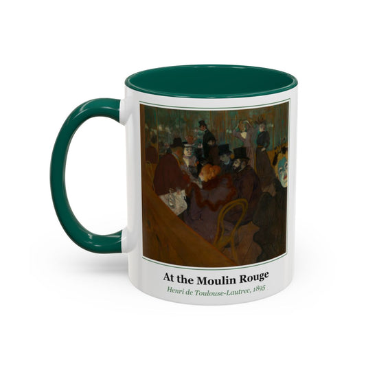 #74 At the Moulin Rouge mug — the framed painting with its title and artist beneath, as seen from across the table