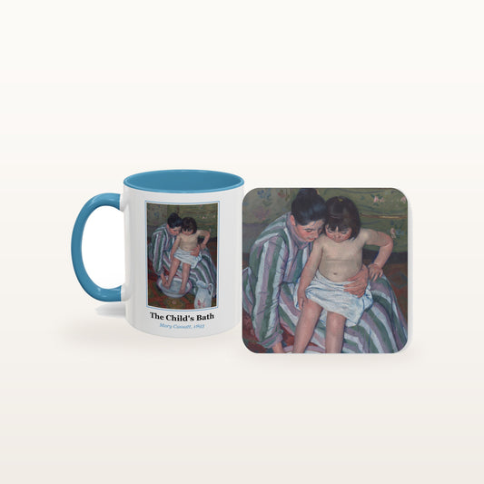 The Child's Bath mug and the matching coaster side by side, both printed with the painting