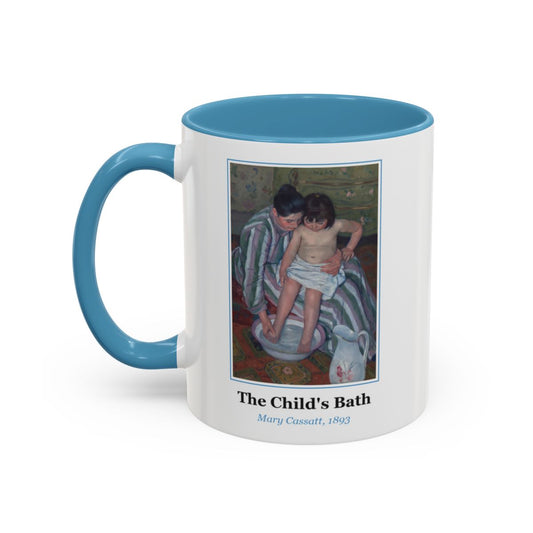 #75 The Child's Bath mug — the framed painting with its title and artist beneath, as seen from across the table