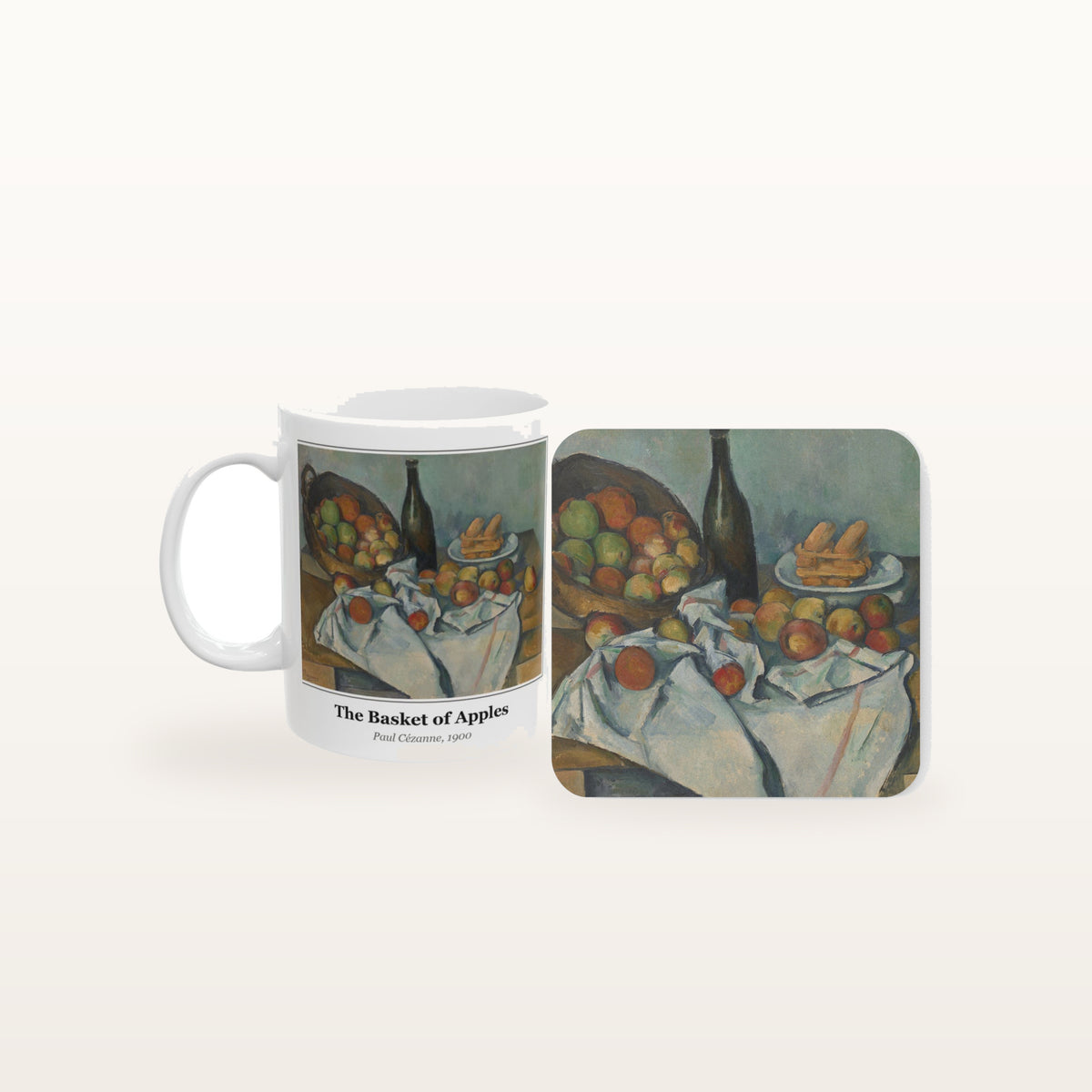 The Basket of Apples mug and the matching coaster side by side, both printed with the painting