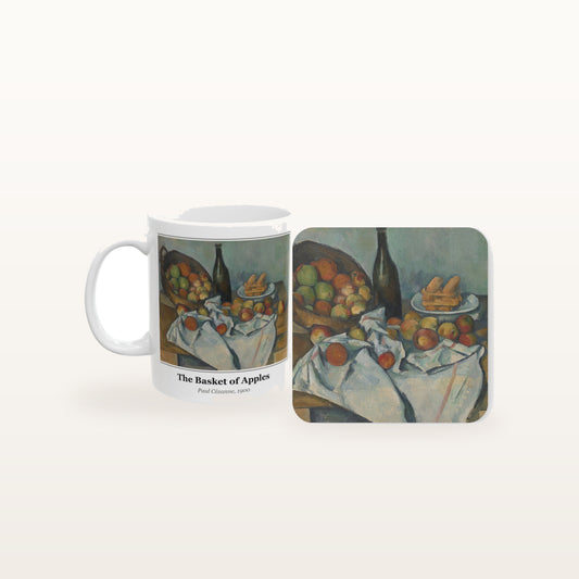 The Basket of Apples mug and the matching coaster side by side, both printed with the painting