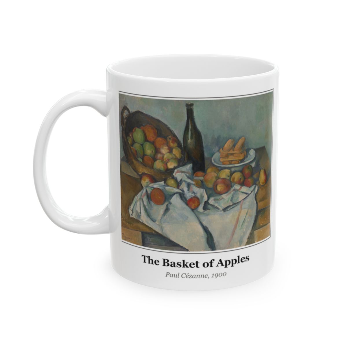 #76 The Basket of Apples mug — the framed painting with its title and artist beneath, as seen from across the table