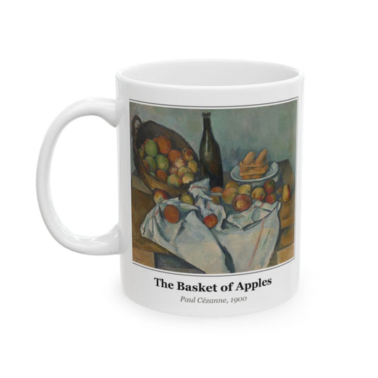#76 The Basket of Apples mug — the framed painting with its title and artist beneath, as seen from across the table
