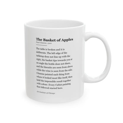 #76 The Basket of Apples mug — the story of the painting, on the face the drinker reads