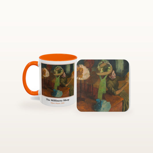 The Millinery Shop mug and the matching coaster side by side, both printed with the painting