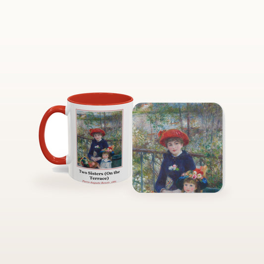 The Two Sisters (On the Terrace) mug and the matching coaster side by side, both printed with the painting