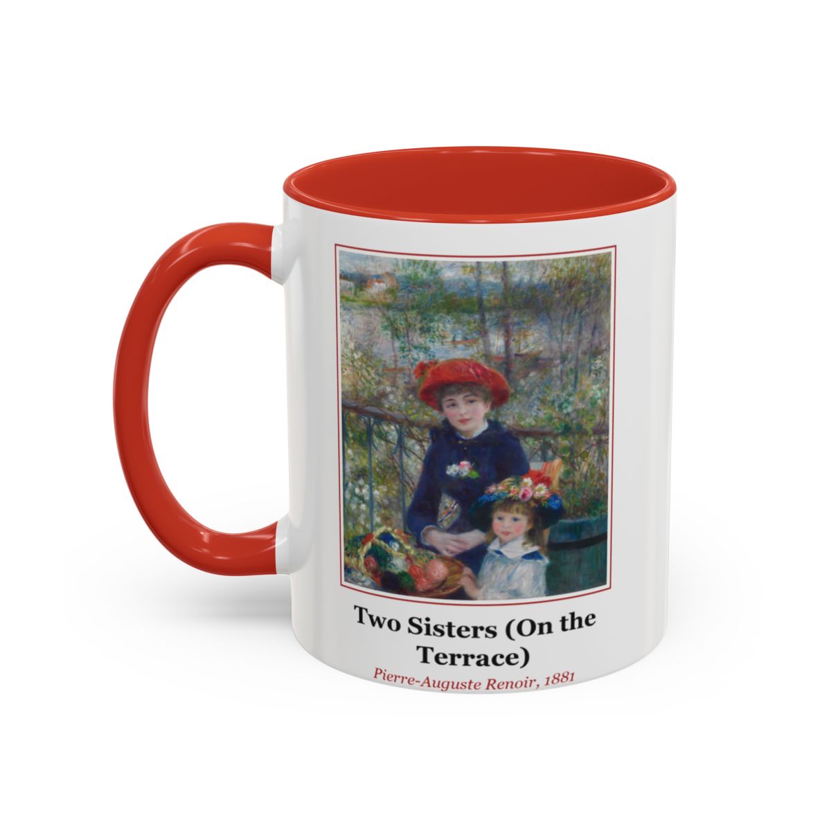 #78 Two Sisters (On the Terrace) mug — the framed painting with its title and artist beneath, as seen from across the table