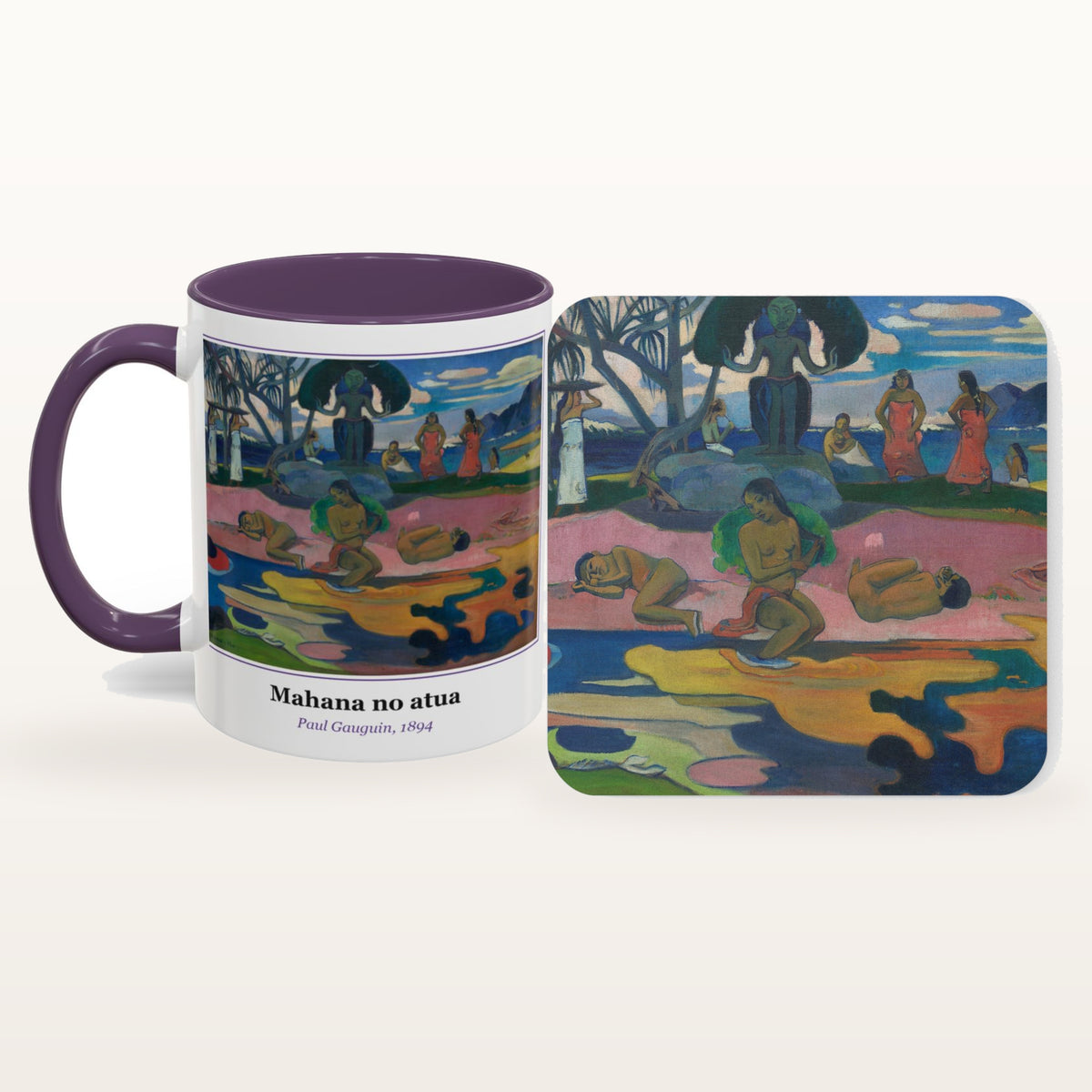 The Mahana no atua mug and the matching coaster side by side, both printed with the painting