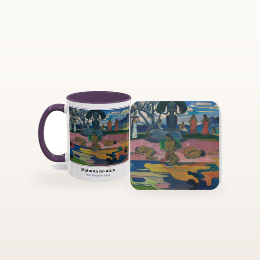 The Mahana no atua mug and the matching coaster side by side, both printed with the painting