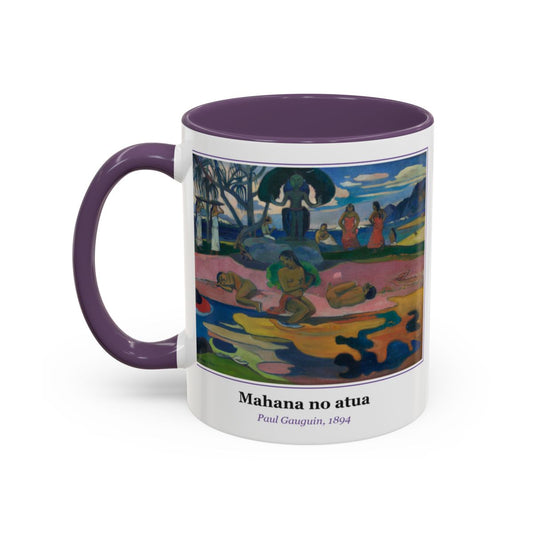 #79 Mahana no atua mug — the framed painting with its title and artist beneath, as seen from across the table