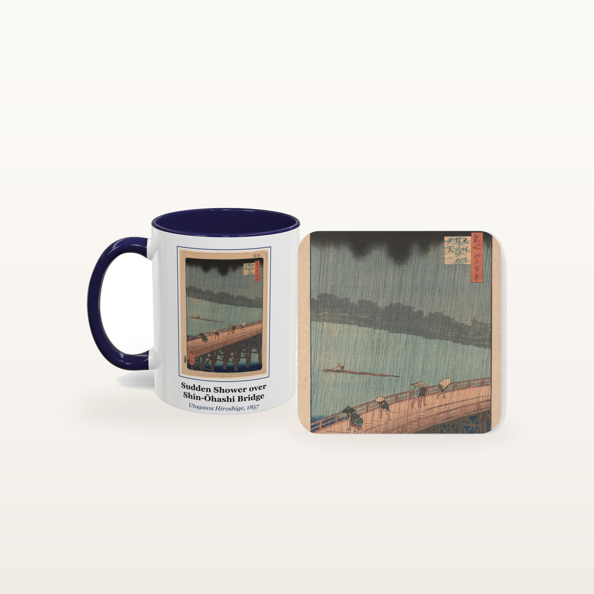 The Sudden Shower over Shin-Ōhashi Bridge mug and the matching coaster side by side, both printed with the painting