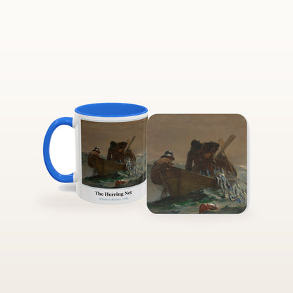 The Herring Net mug and the matching coaster side by side, both printed with the painting
