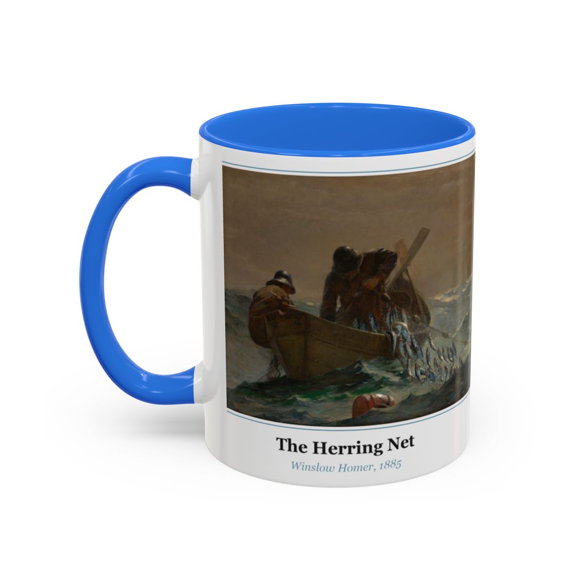 #81 The Herring Net mug — the framed painting with its title and artist beneath, as seen from across the table