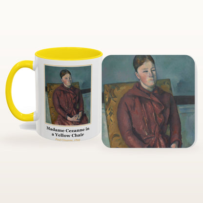 The Madame Cezanne in a Yellow Chair mug and the matching coaster side by side, both printed with the painting
