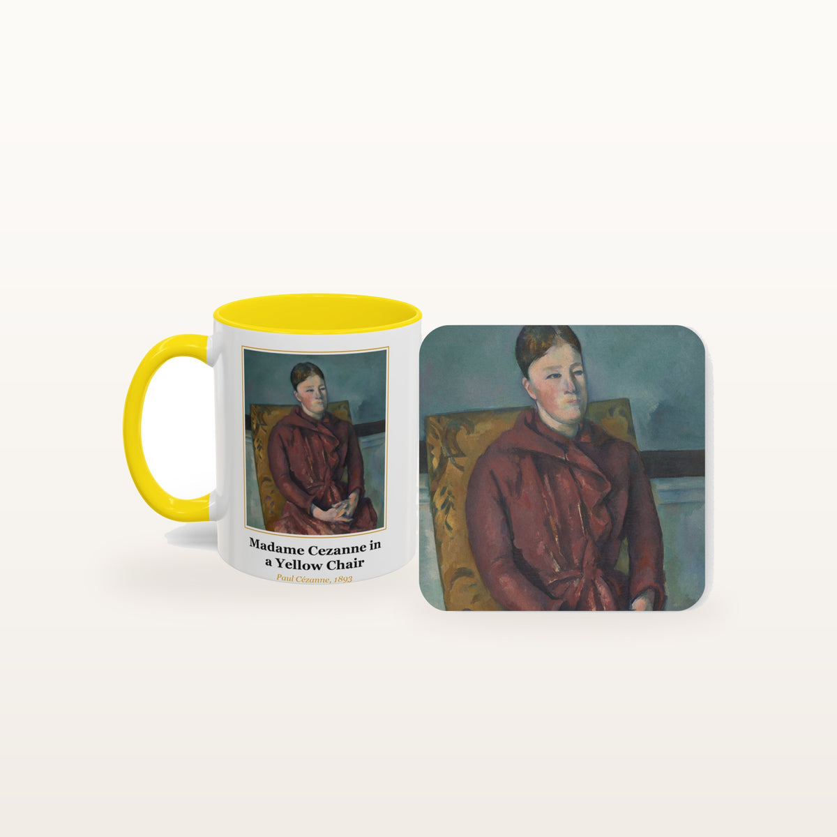 The Madame Cezanne in a Yellow Chair mug and the matching coaster side by side, both printed with the painting