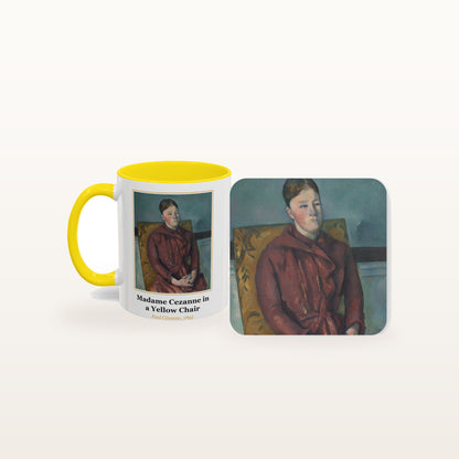 The Madame Cezanne in a Yellow Chair mug and the matching coaster side by side, both printed with the painting
