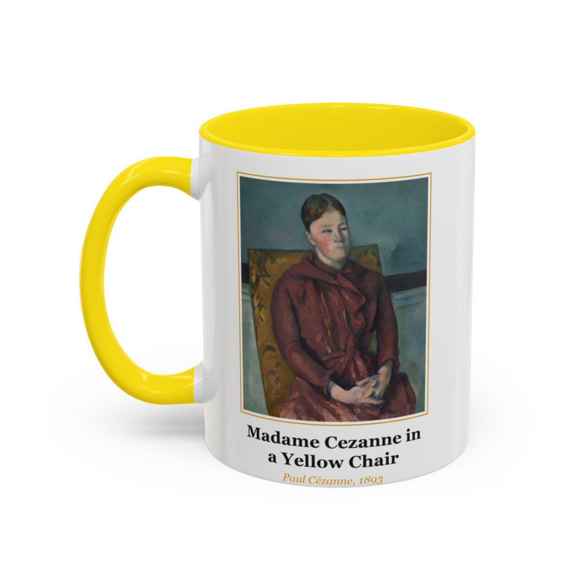 #82 Madame Cezanne in a Yellow Chair mug — the framed painting with its title and artist beneath, as seen from across the table