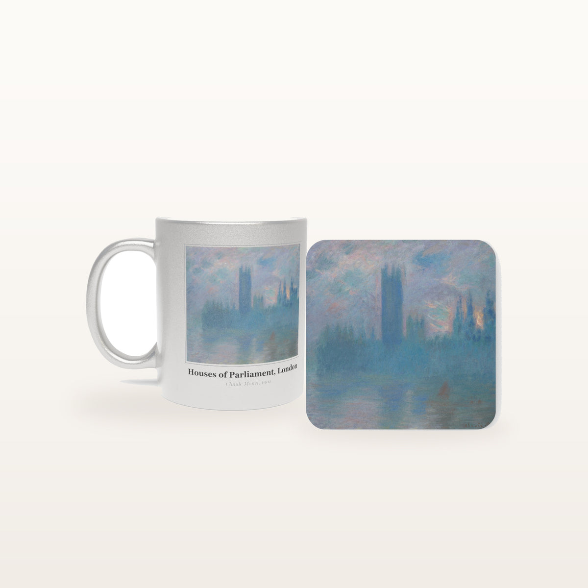The Houses of Parliament, London mug and the matching coaster side by side, both printed with the painting