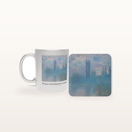 The Houses of Parliament, London mug and the matching coaster side by side, both printed with the painting