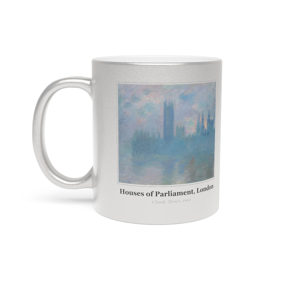 #83 Houses of Parliament, London mug — the framed painting with its title and artist beneath, as seen from across the table
