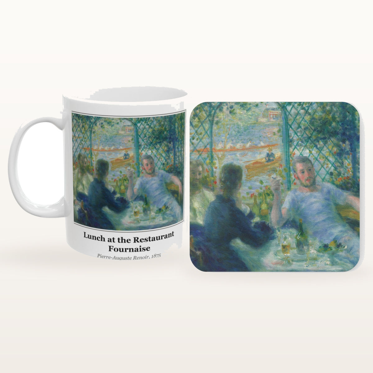 The Lunch at the Restaurant Fournaise mug and the matching coaster side by side, both printed with the painting
