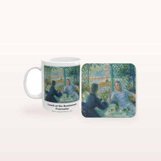 The Lunch at the Restaurant Fournaise mug and the matching coaster side by side, both printed with the painting
