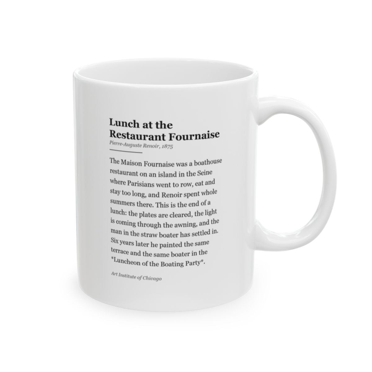 #84 Lunch at the Restaurant Fournaise mug — the story of the painting, on the face the drinker reads