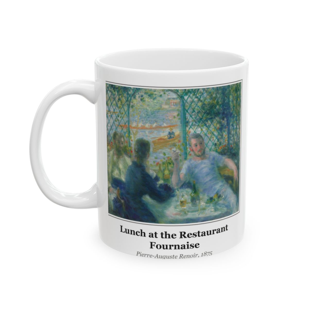 #84 Lunch at the Restaurant Fournaise mug — the framed painting with its title and artist beneath, as seen from across the table