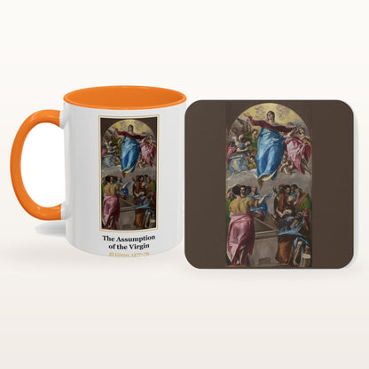 The Assumption of the Virgin mug and the matching coaster side by side, both printed with the painting