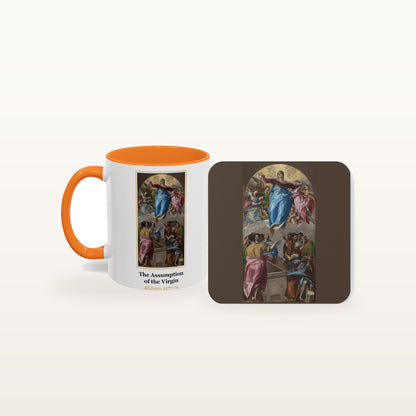 The Assumption of the Virgin mug and the matching coaster side by side, both printed with the painting