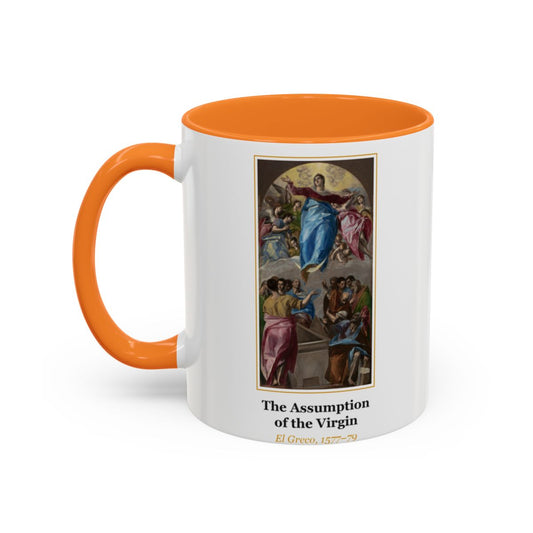 #85 The Assumption of the Virgin mug — the framed painting with its title and artist beneath, as seen from across the table