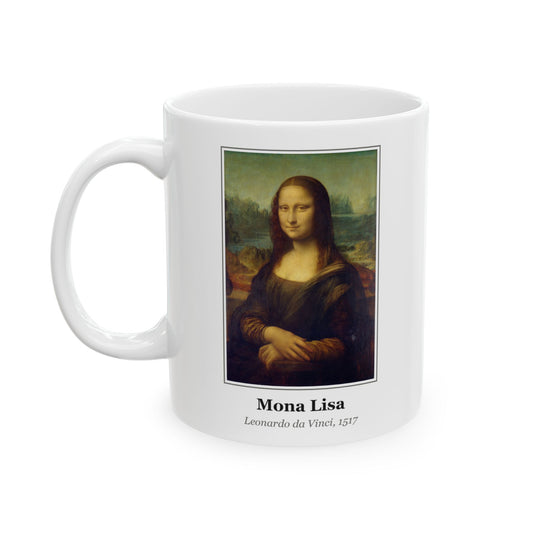#22 Mona Lisa mug, front view — the framed painting with its title beneath