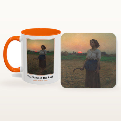 The Song of the Lark mug and the matching coaster side by side, both printed with the painting