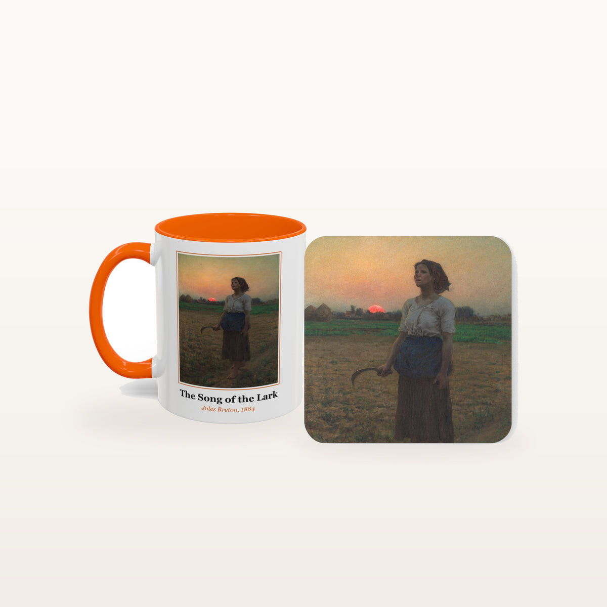 The Song of the Lark mug and the matching coaster side by side, both printed with the painting