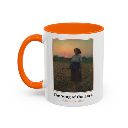 #86 The Song of the Lark mug — the framed painting with its title and artist beneath, as seen from across the table