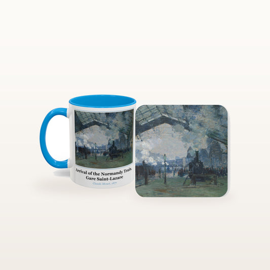 The Arrival of the Normandy Train, Gare Saint-Lazare mug and the matching coaster side by side, both printed with the painting