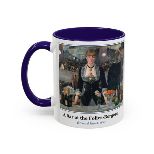 #88 A Bar at the Folies-Bergère mug — the framed painting with its title and artist beneath, as seen from across the table