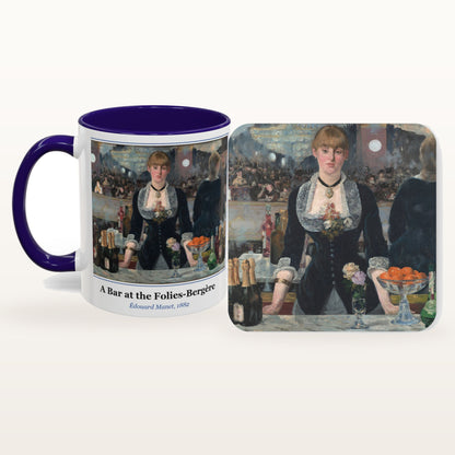 A Bar at the Folies-Bergère mug and the matching coaster side by side, both printed with the painting