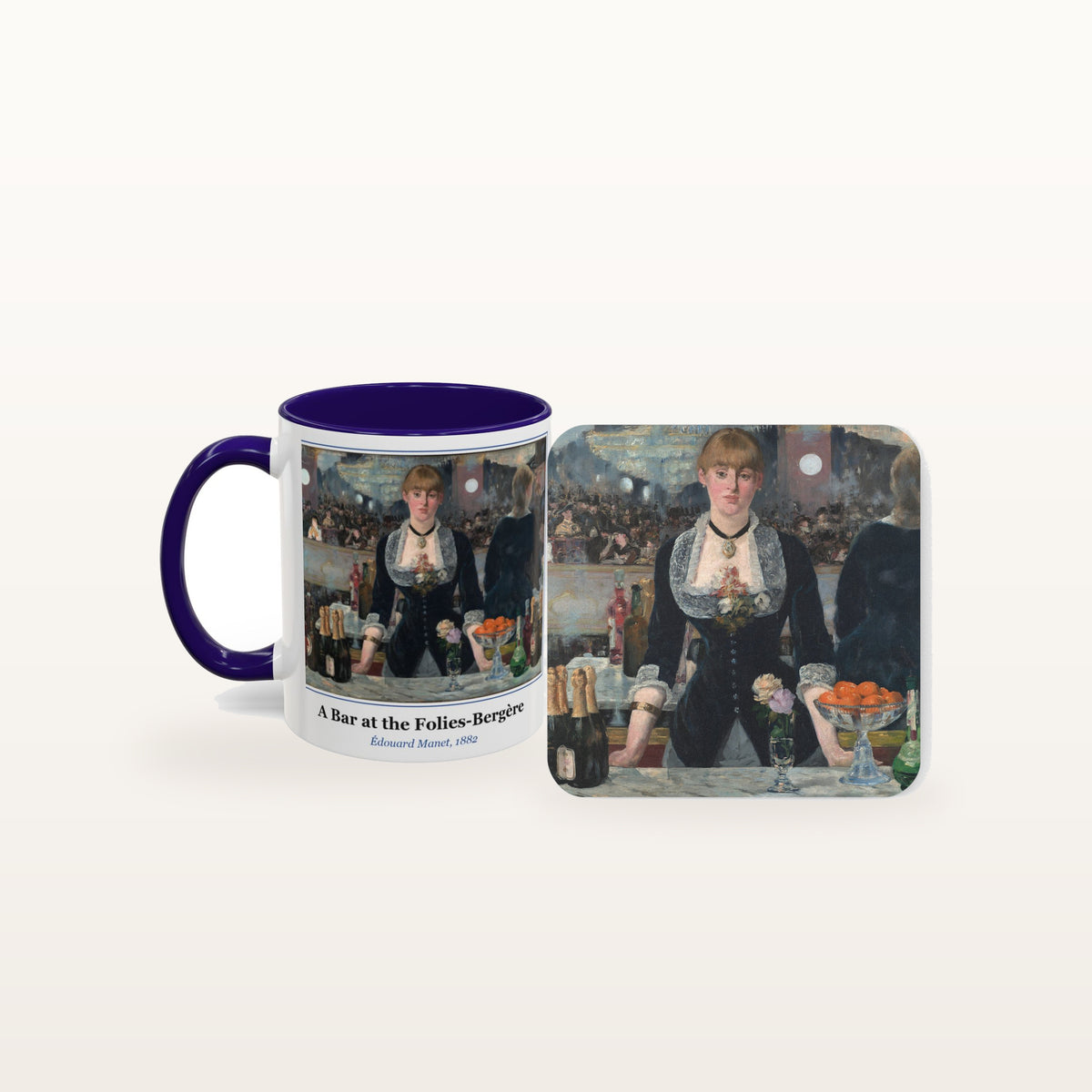 A Bar at the Folies-Bergère mug and the matching coaster side by side, both printed with the painting