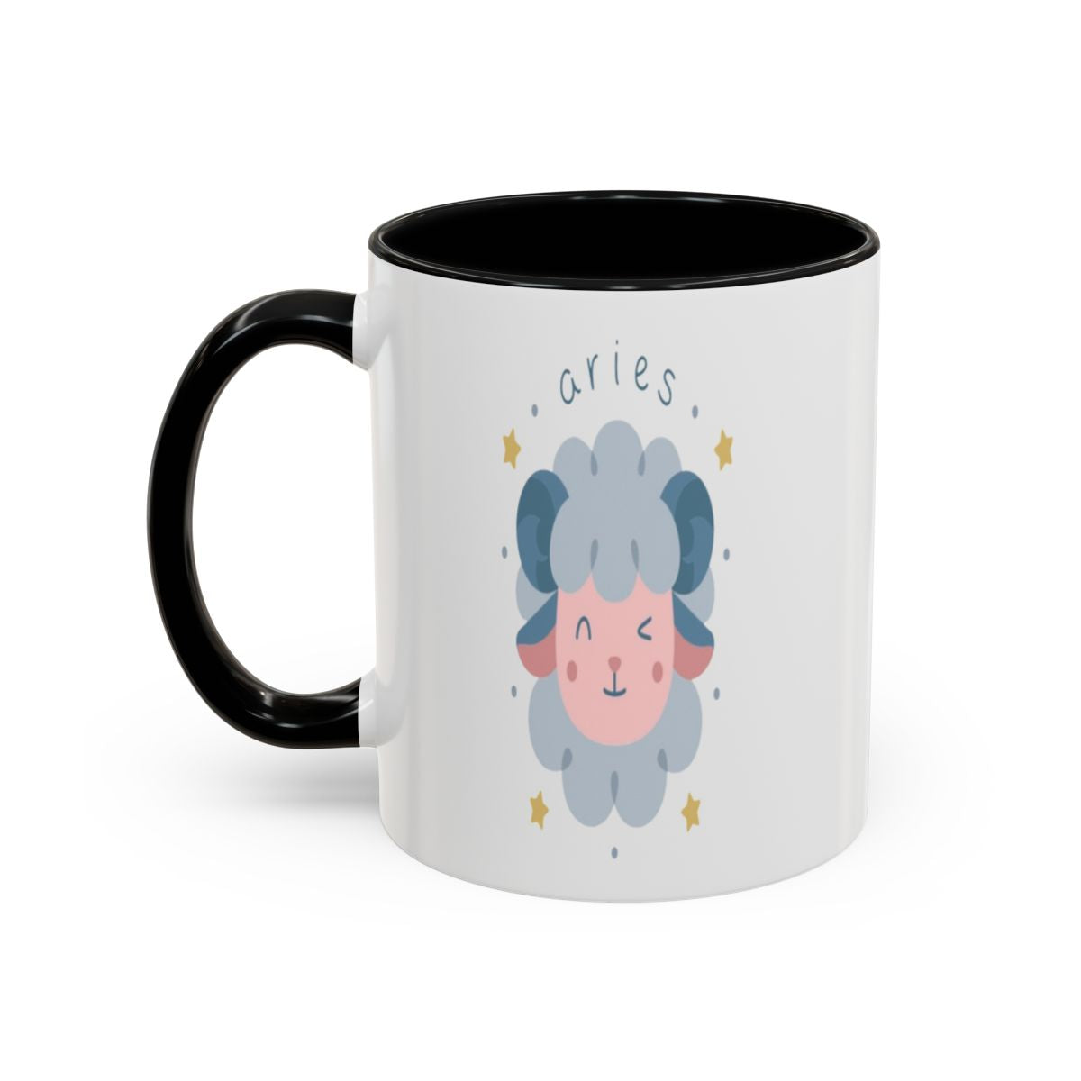 The Impatient Aries mug, facing out: a soft blue cartoon ram with the word "aries" arched above it, on the side the person opposite you sees.