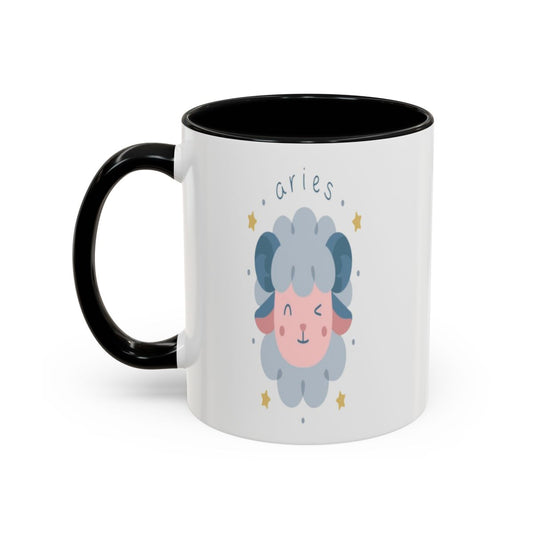 The Impatient Aries mug, facing out: a soft blue cartoon ram with the word "aries" arched above it, on the side the person opposite you sees.